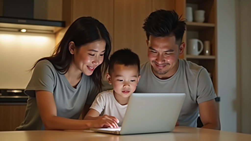 Family reviewing monthly budget on laptop together at dining table with financial documents spread out