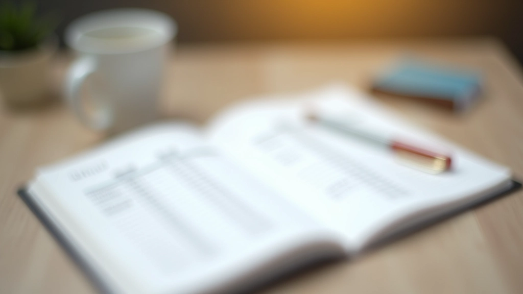 Notebook with handwritten budget categories and pen on wooden desk with coffee cup