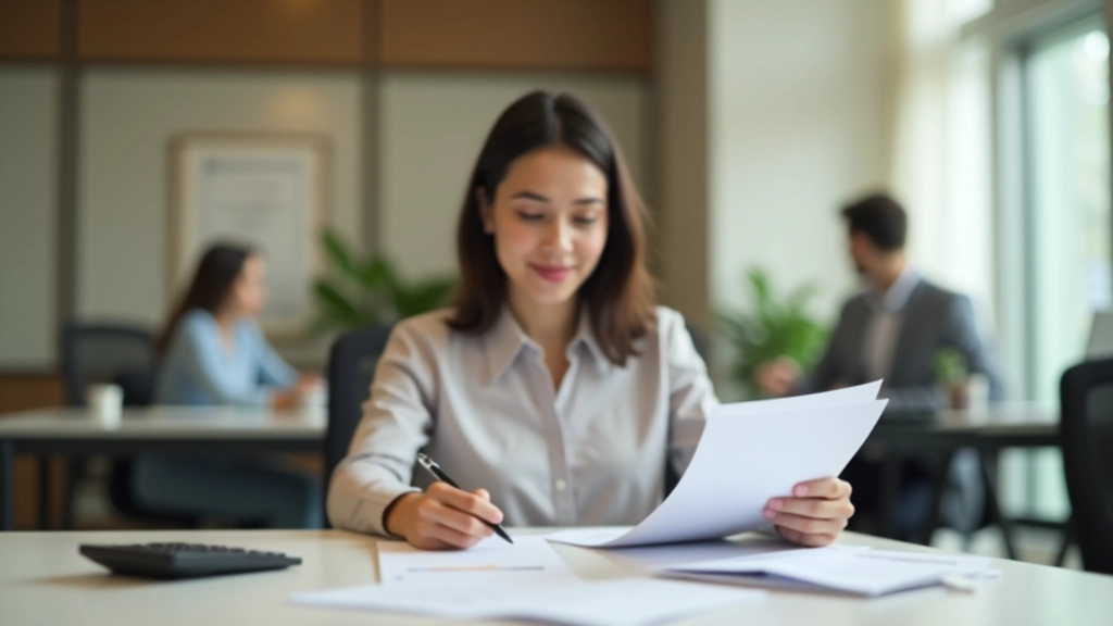 Woman sitting at desk with financial documents, calculator, and pen, reviewing monthly budget spreadsheet with focused expression